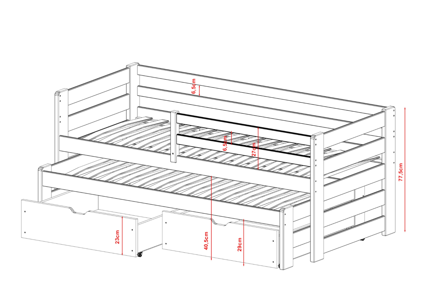 Einzelbett 90x200 cm mit Rausziehbett 90x190 cm mit zwei Matratzen (optional) und zwei Schubladen, Rausfallschutz und Lattenrosten, Vollholz massiv in weiss, Kinderbett Funktionsbett