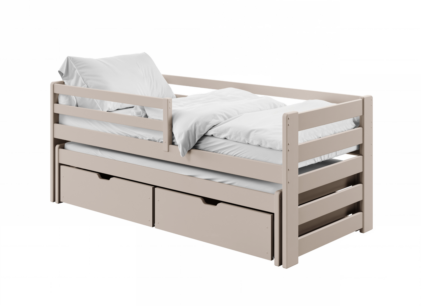 Einzelbett 90x200 cm mit Rausziehbett 90x190 cm mit zwei Matratzen (optional) und zwei Schubladen, Rausfallschutz und Lattenrosten, Vollholz massiv in weiss, Kinderbett Funktionsbett