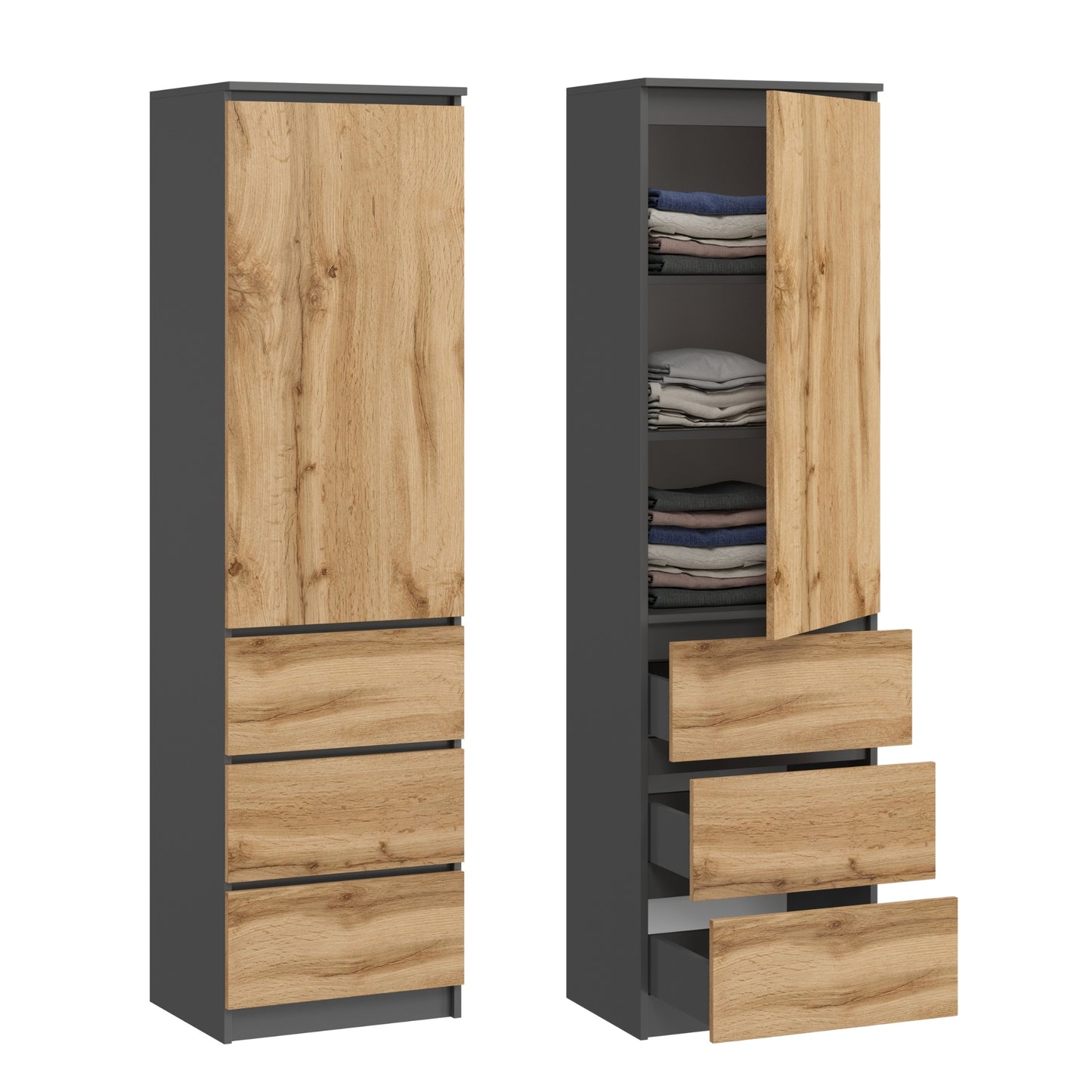 Kleiderschrank, Garderobenschrank, Mehrzweckschrank mit 3 Einlegeböden & 3 Schubladen | kompakter und funktionaler Schrank für Schlafzimmer, Flur oder Arbeitszimmer | 40x50x180 cm (BxTxH)