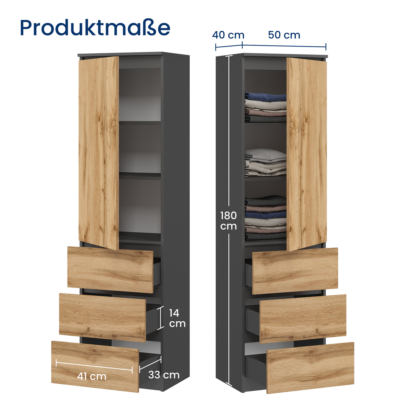 Kleiderschrank, Garderobenschrank, Mehrzweckschrank mit 3 Einlegeböden & 3 Schubladen | kompakter und funktionaler Schrank für Schlafzimmer, Flur oder Arbeitszimmer | 40x50x180 cm (BxTxH)