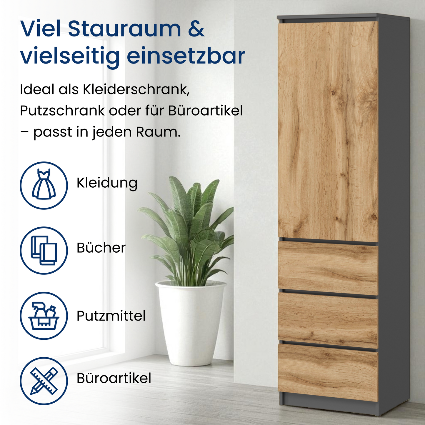 Kleiderschrank, Garderobenschrank, Mehrzweckschrank mit 3 Einlegeböden & 3 Schubladen | kompakter und funktionaler Schrank für Schlafzimmer, Flur oder Arbeitszimmer | 40x50x180 cm (BxTxH)