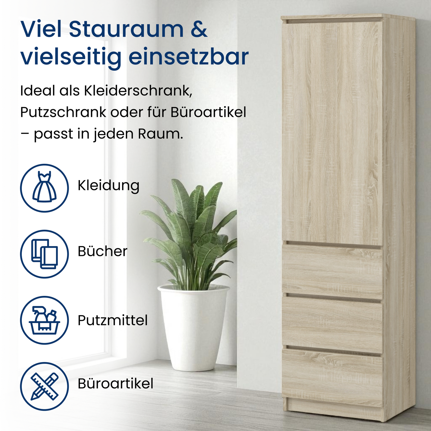 Kleiderschrank, Garderobenschrank, Mehrzweckschrank mit 3 Einlegeböden & 3 Schubladen | kompakter und funktionaler Schrank für Schlafzimmer, Flur oder Arbeitszimmer | 40x50x180 cm (BxTxH)