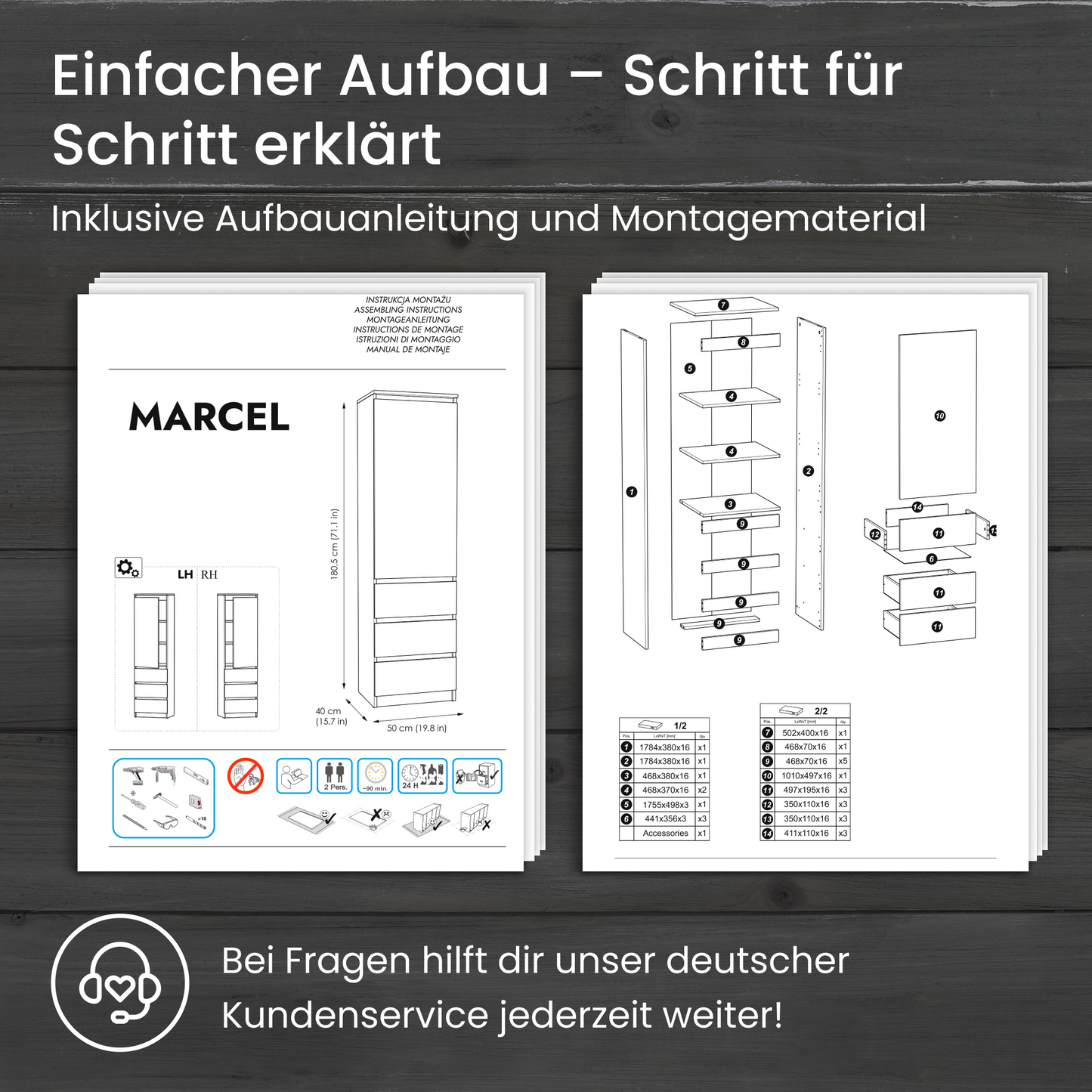 Kleiderschrank, Garderobenschrank, Mehrzweckschrank mit 3 Einlegeböden & 3 Schubladen | kompakter und funktionaler Schrank für Schlafzimmer, Flur oder Arbeitszimmer | 50x40x180 cm (BxTxH)