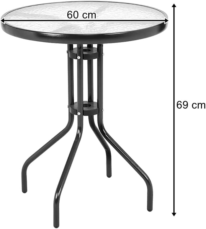 Gartentisch Balkontisch Beistelltisch Outdoor Balkonmöbel kleiner Balkon Bistrotisch kleiner Balkontisch Runde Platte aus gehärtetem Glas, pulverbeschichteter Metallrahmen | Schwarz