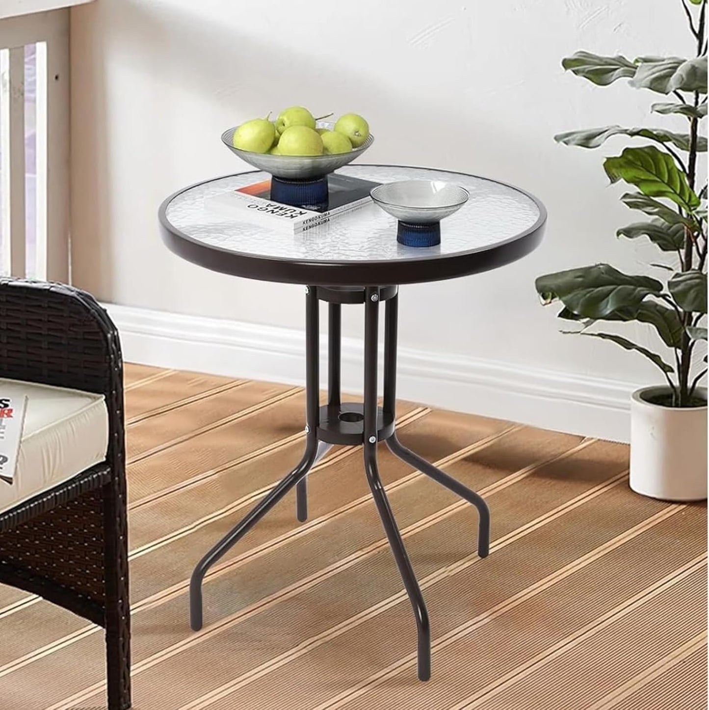 Gartentisch Balkontisch Beistelltisch Outdoor Balkonmöbel kleiner Balkon Bistrotisch kleiner Balkontisch Runde Platte aus gehärtetem Glas, pulverbeschichteter Metallrahmen | Schwarz