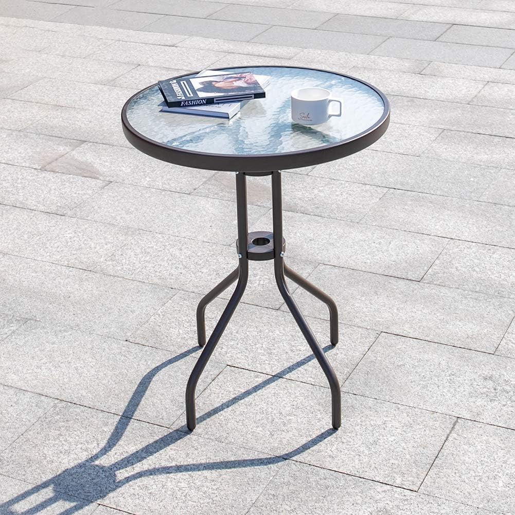 Gartentisch Balkontisch Beistelltisch Outdoor Balkonmöbel kleiner Balkon Bistrotisch kleiner Balkontisch Runde Platte aus gehärtetem Glas, pulverbeschichteter Metallrahmen | Schwarz