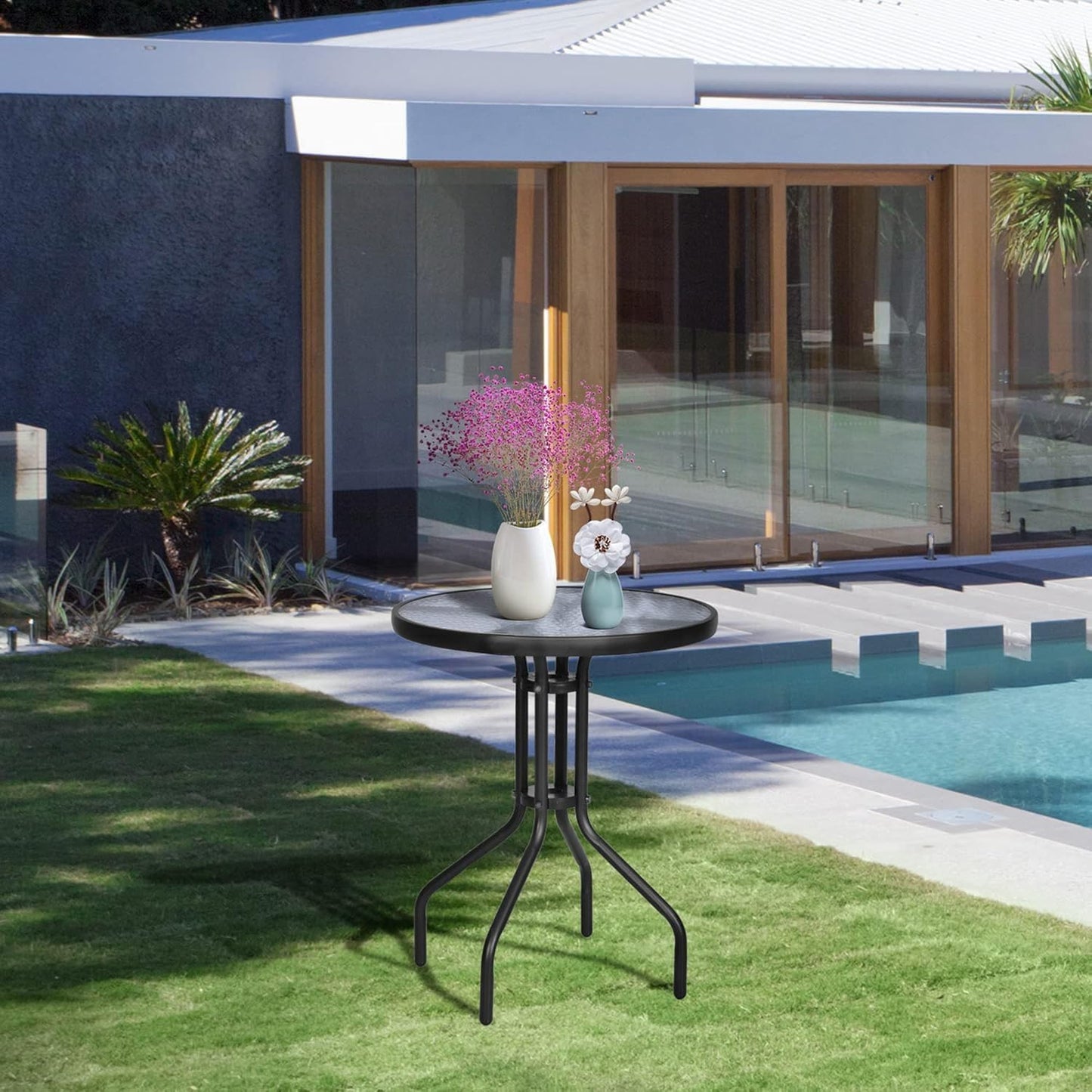 Gartentisch Balkontisch Beistelltisch Outdoor Balkonmöbel kleiner Balkon Bistrotisch kleiner Balkontisch Runde Platte aus gehärtetem Glas, pulverbeschichteter Metallrahmen | Schwarz