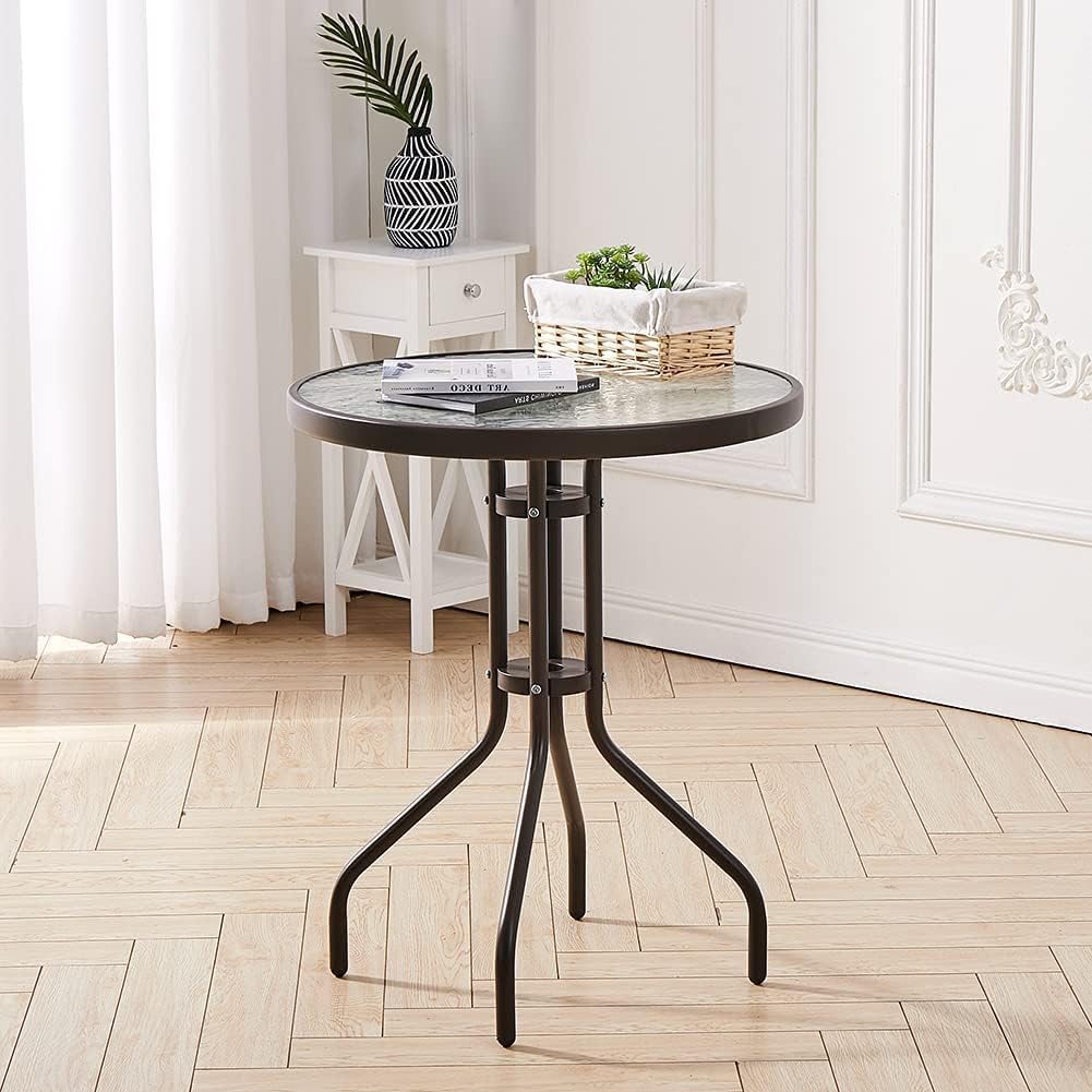 Gartentisch Balkontisch Beistelltisch Outdoor Balkonmöbel kleiner Balkon Bistrotisch kleiner Balkontisch Runde Platte aus gehärtetem Glas, pulverbeschichteter Metallrahmen | Schwarz