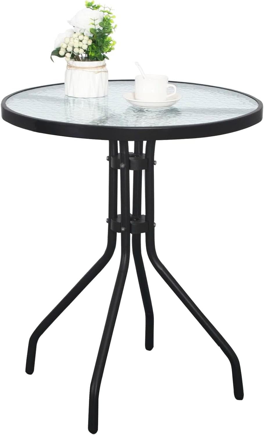 Gartentisch Balkontisch Beistelltisch Outdoor Balkonmöbel kleiner Balkon Bistrotisch kleiner Balkontisch Runde Platte aus gehärtetem Glas, pulverbeschichteter Metallrahmen | Schwarz