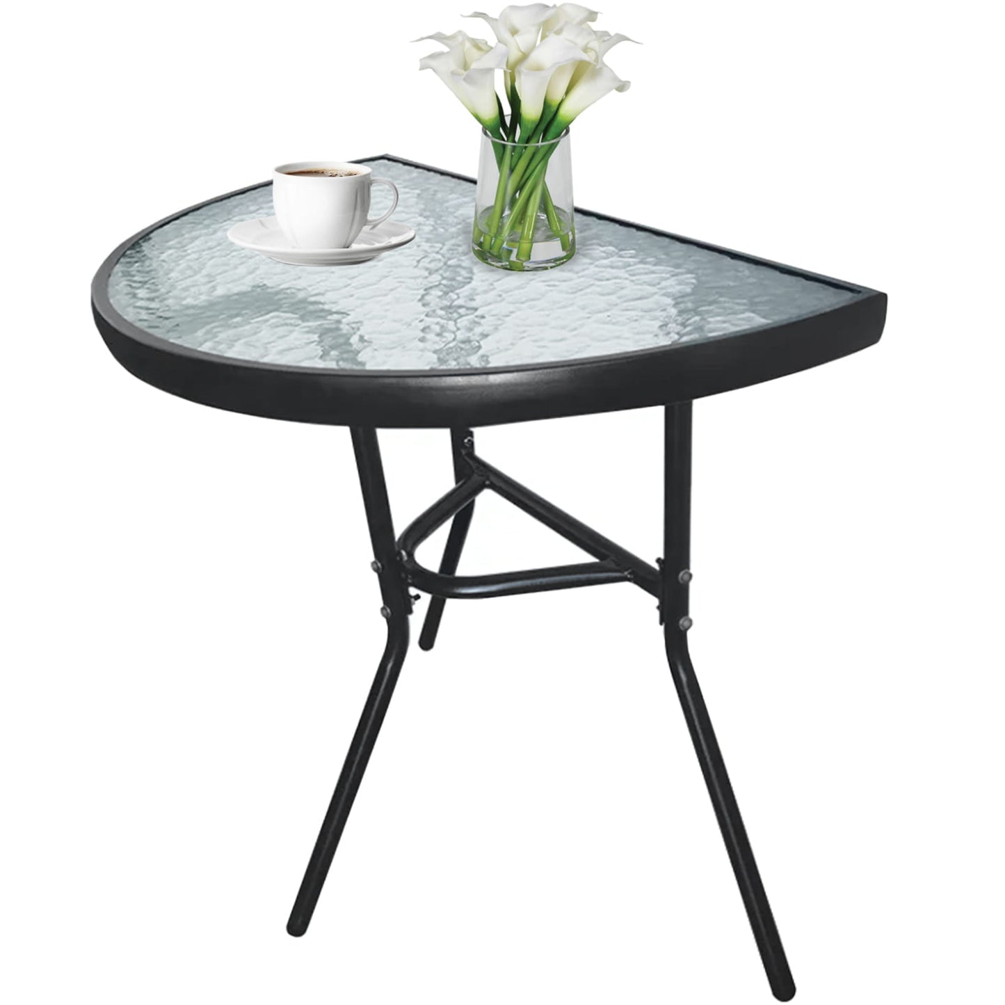 Gartentisch Balkontisch Beistelltisch Outdoor Balkonmöbel kleiner Balkon Bistrotisch kleiner Balkontisch Halbrund und Quadratisch Platte aus gehärtetem Glas, pulverbeschichteter Metallrahmen | Schwarz
