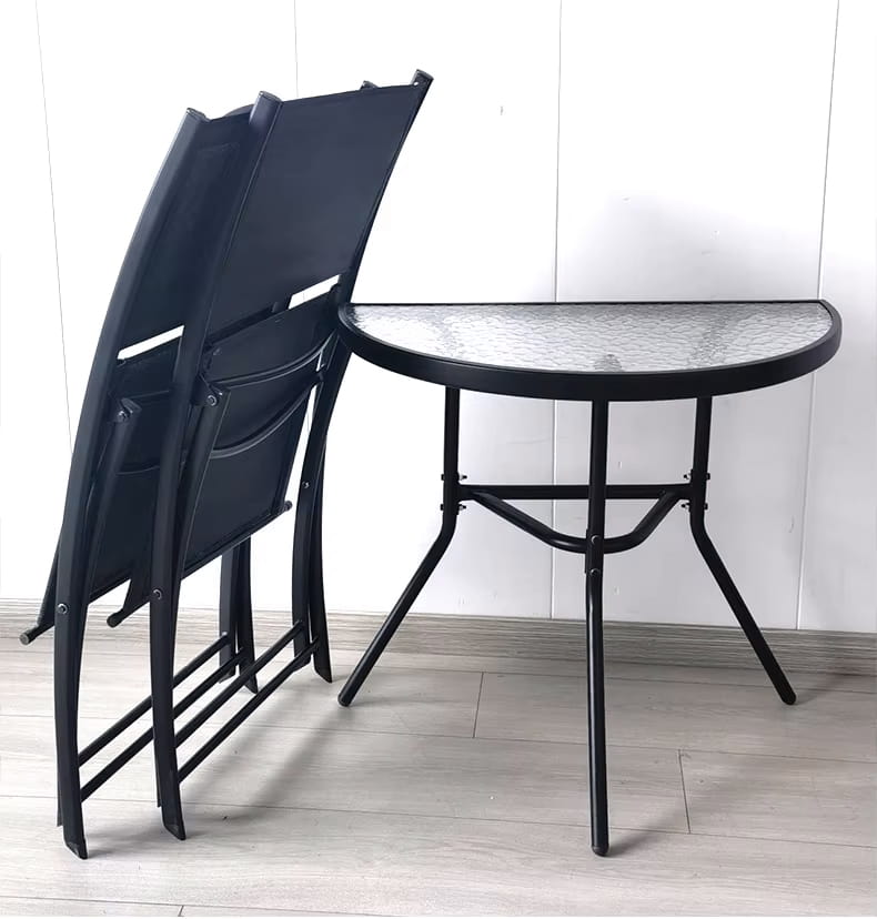 Gartentisch Balkontisch Beistelltisch Outdoor Balkonmöbel kleiner Balkon Bistrotisch kleiner Balkontisch Halbrund und Quadratisch Platte aus gehärtetem Glas, pulverbeschichteter Metallrahmen | Schwarz