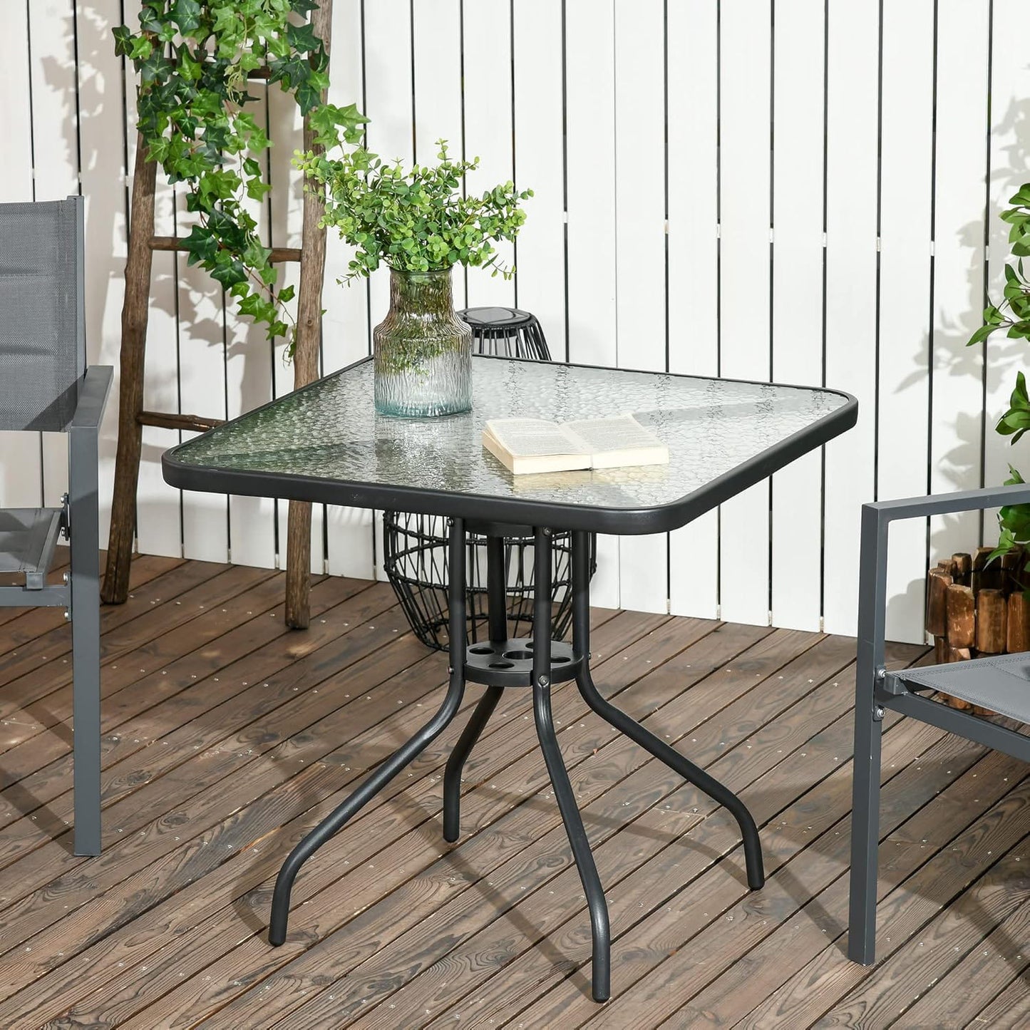 Gartentisch Balkontisch Beistelltisch Outdoor Balkonmöbel kleiner Balkon Bistrotisch kleiner Balkontisch Halbrund und Quadratisch Platte aus gehärtetem Glas, pulverbeschichteter Metallrahmen | Schwarz
