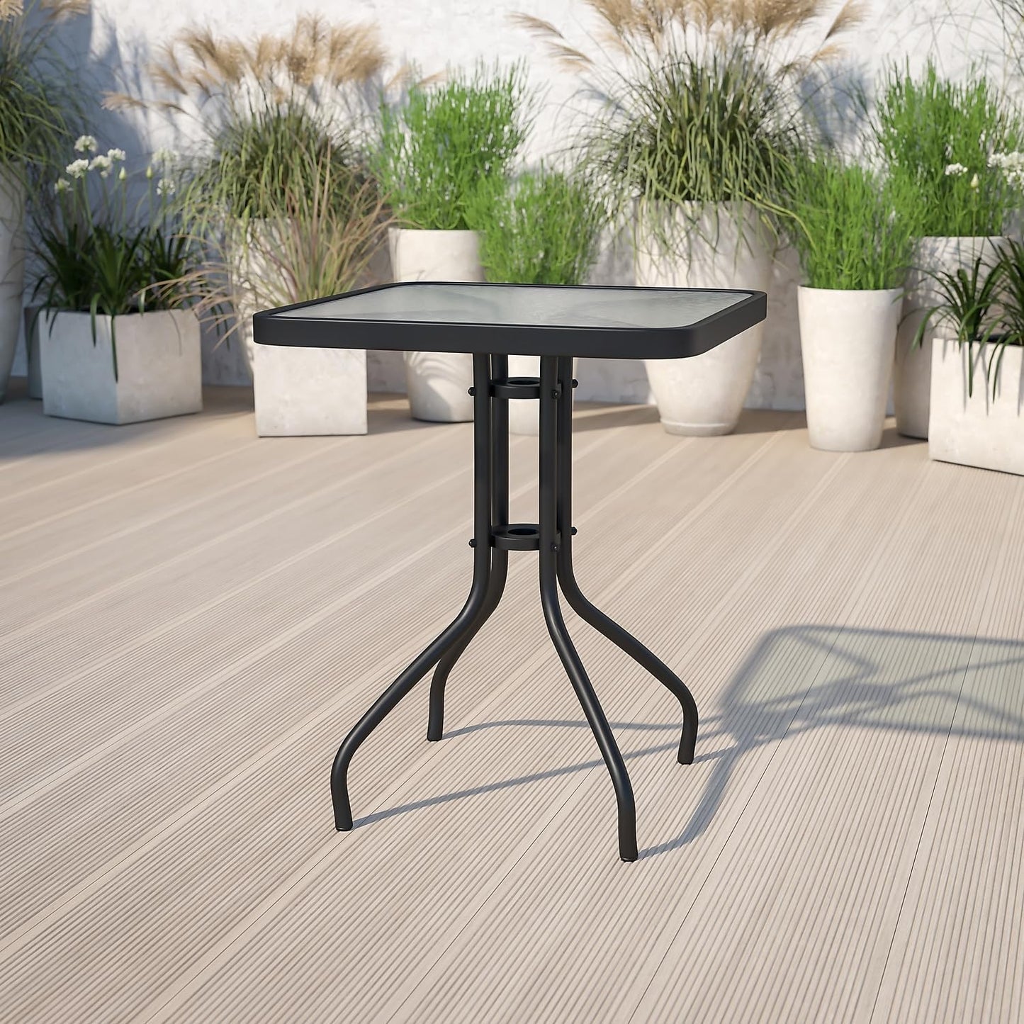 Gartentisch Balkontisch Beistelltisch Outdoor Balkonmöbel kleiner Balkon Bistrotisch kleiner Balkontisch Halbrund und Quadratisch Platte aus gehärtetem Glas, pulverbeschichteter Metallrahmen | Schwarz
