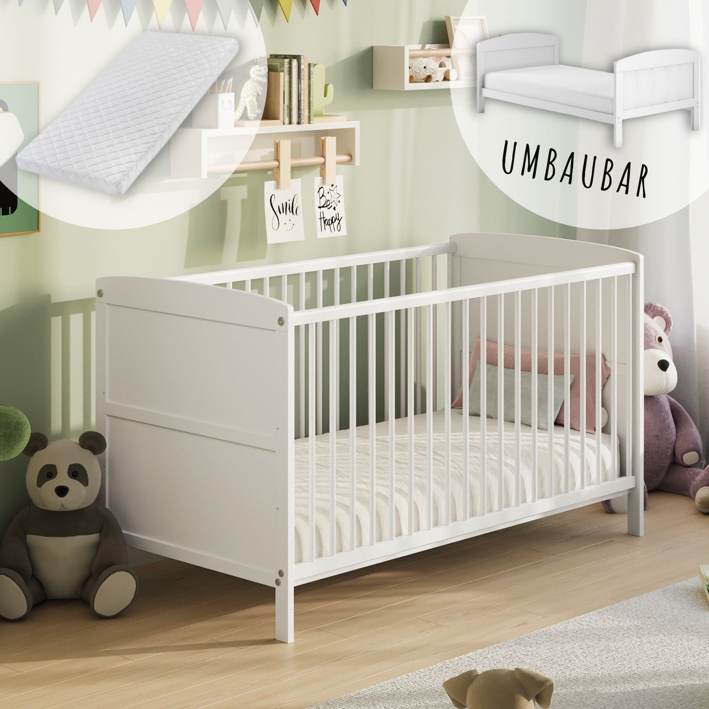 Babybett 60x120 und 70x140 cm mit Schublade und Matratzenoption, Gitterbett, Kinderbett, höhenverstellbar, drei abnehmbaren Schienen & herausnehmbare Sprossen | Weiß