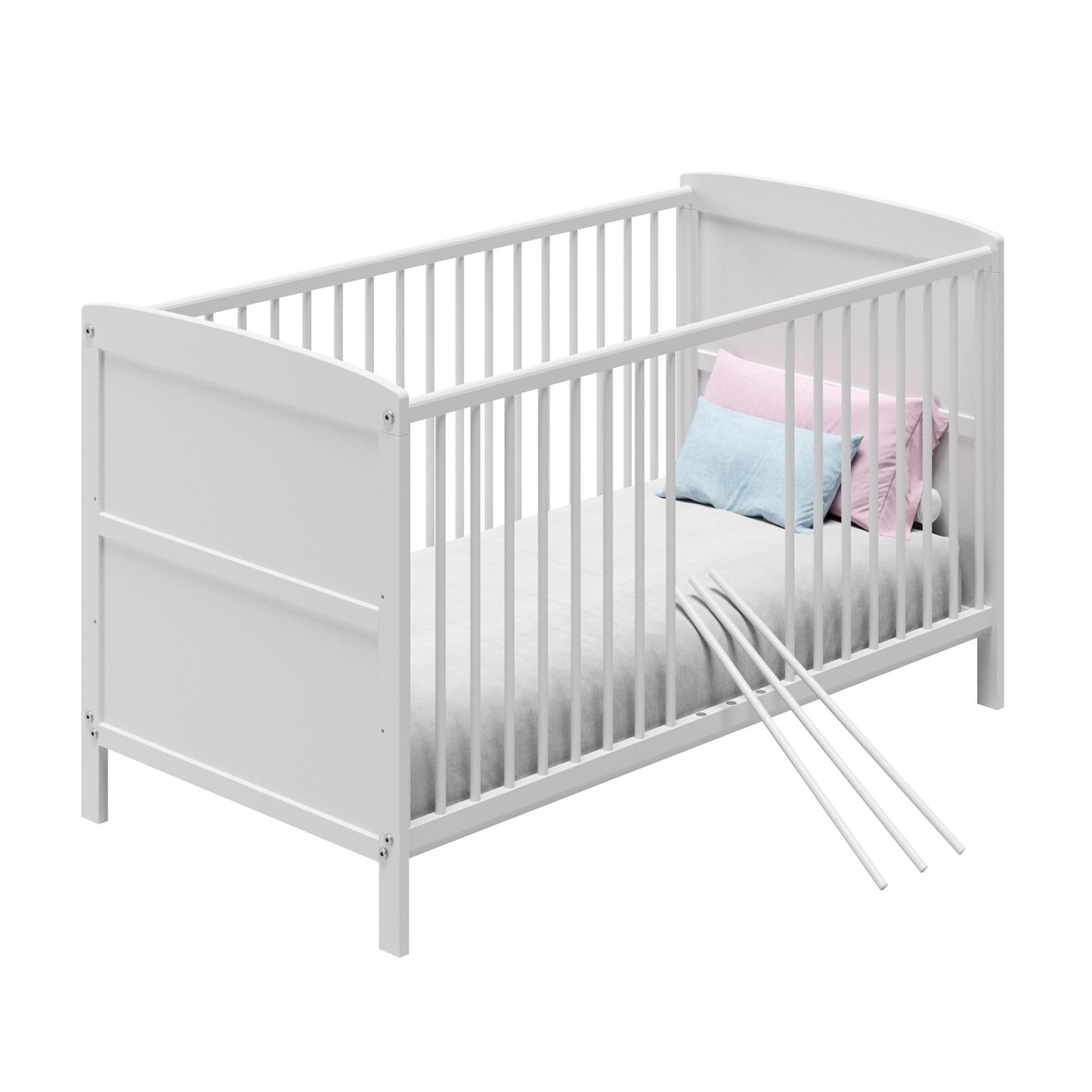 Babybett 60x120 und 70x140 cm mit Schublade und Matratzenoption, Gitterbett, Kinderbett, höhenverstellbar, drei abnehmbaren Schienen & herausnehmbare Sprossen | Weiß
