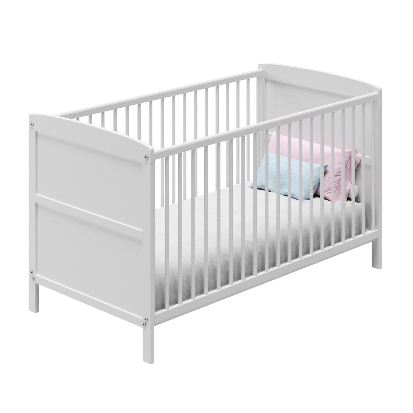 Babybett 60x120 und 70x140 cm mit Schublade und Matratzenoption, Gitterbett, Kinderbett, höhenverstellbar, drei abnehmbaren Schienen & herausnehmbare Sprossen | Weiß