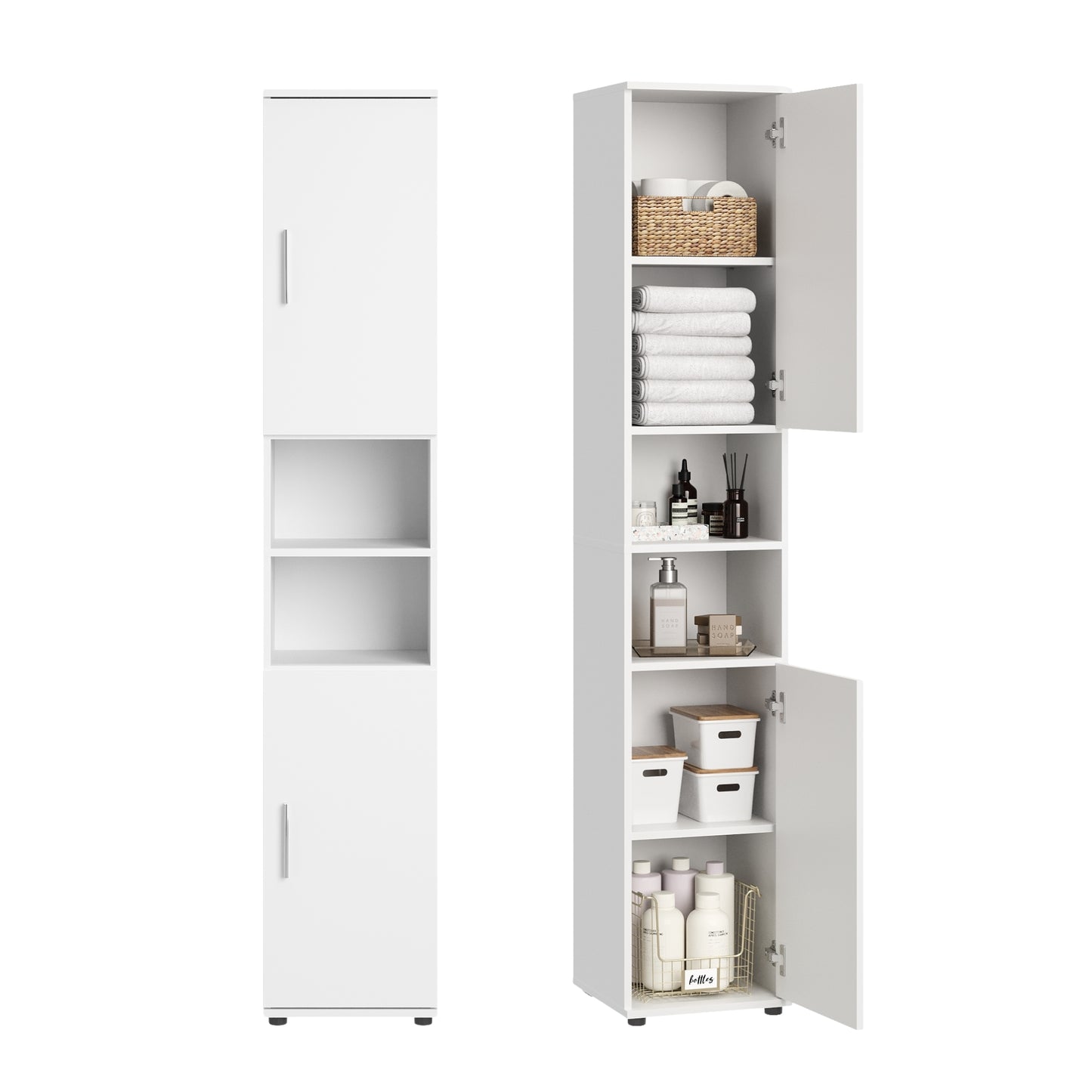 Badezimmerschrank Hochschrank Badschrank mit Türen und 6 Fächern , Badezimmer Aufbewahrung, Mehrzweckschrank für Bad, Keller & Hauswirtschaftsraum | Weiß