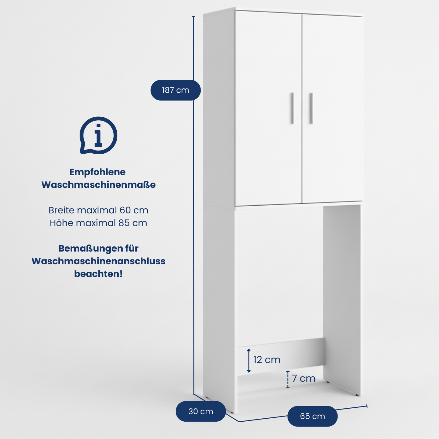 Waschmaschinenschrank Badezimmerschrank Hochschrank für Bad Waschmaschinenregal - platzsparender Stauraum & Aufbewahrung für Bad, Keller und Hauswirtschaftsraum | 65x30x187 (BxTxH) cm | Weiß