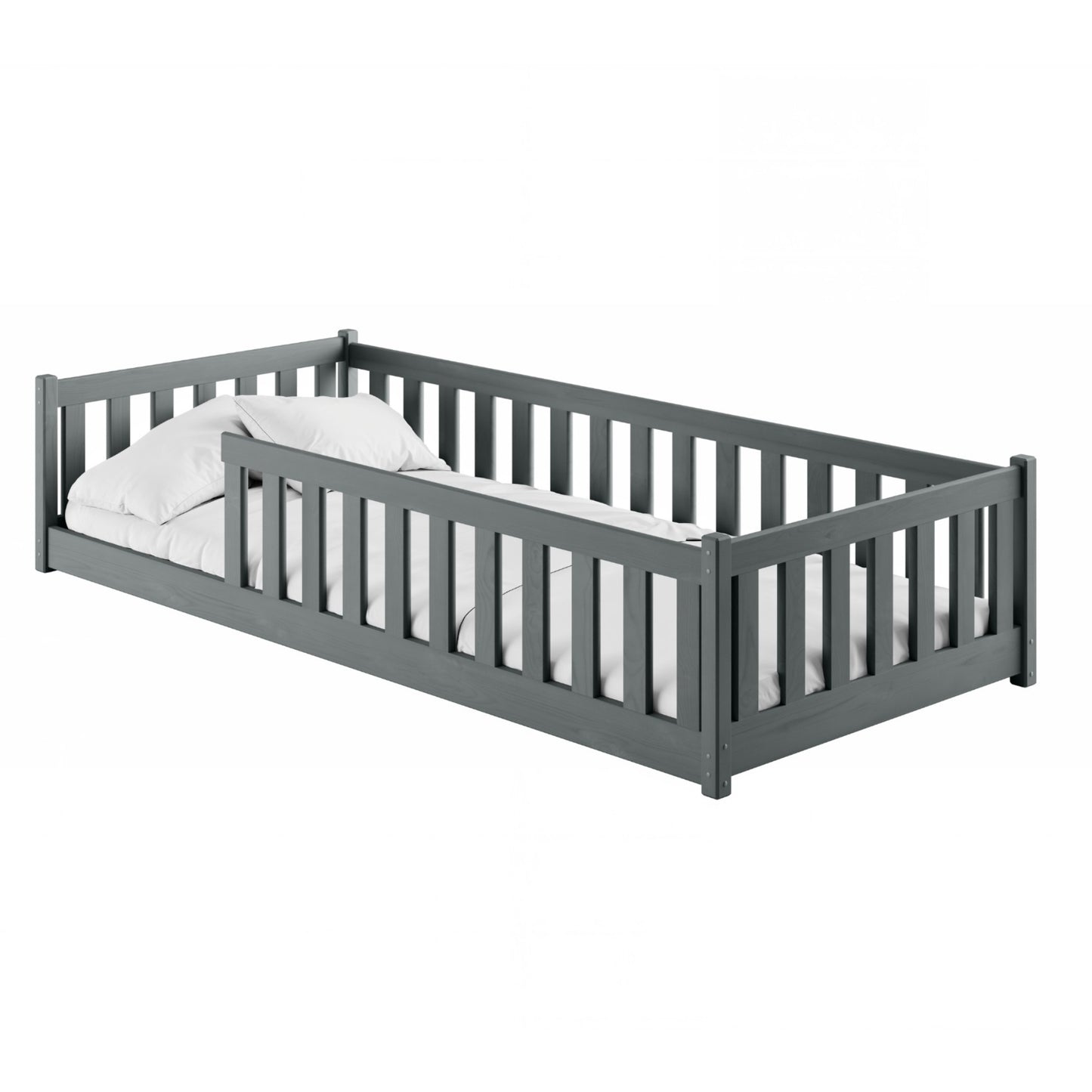 Kinderbett Bodenbett 80x160 | 80x180 | 90x190 | 90x200 | 120x200 | 140x200 cm Bett mit Rausfallschutz & Lattenrost Montessori Bett Gitterbett Kinder Jugendbett Einzelbett optional mit Matratze | Kiefer Holz massiv Junge Mädchen