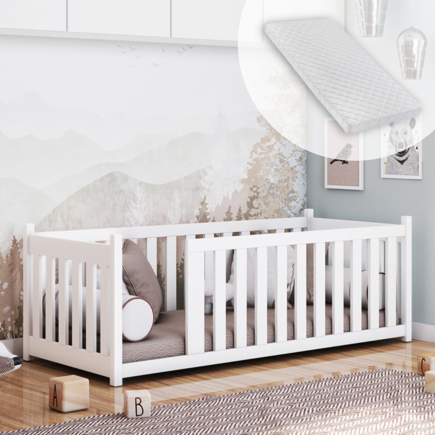 Kinderbett Bodenbett 90x200 cm Bett mit Rausfallschutz & Lattenrost Montessori Bett Bed Gitterbett Kinder Jugendbett Einzelbett | Kiefer Holz massiv | Weiß 90×200