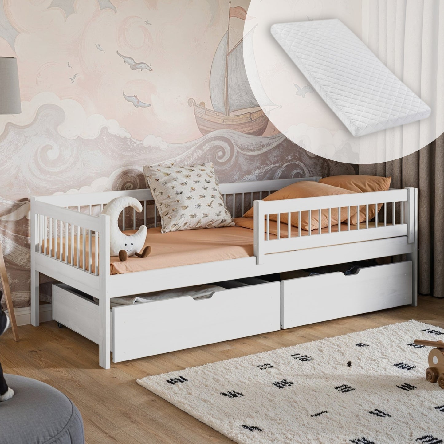 Kinderbett 90x200 cm mit zwei Schubladen, Rausfallschutz und Lattenrost Gitterbett Kinder Jugendbett | Kiefer-Massivholz | 90x200 cm: von 4. bis 18. Lebensjahr, Weiß