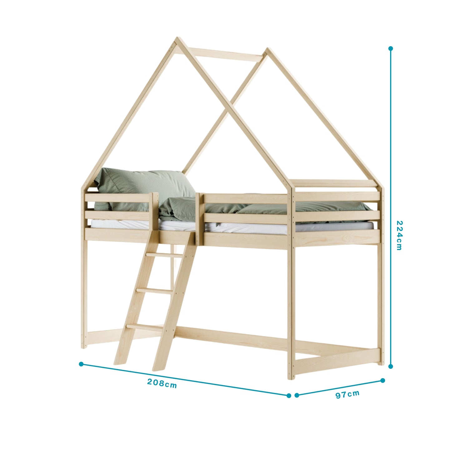 Hochbett 80x180 & 90x200 cm Kinderbett Hausbett Kinderhochbett Bett Mit Rausfallschutz, Leiter & Lattenrost | Kiefer-Massivholz | Weiß & Natur