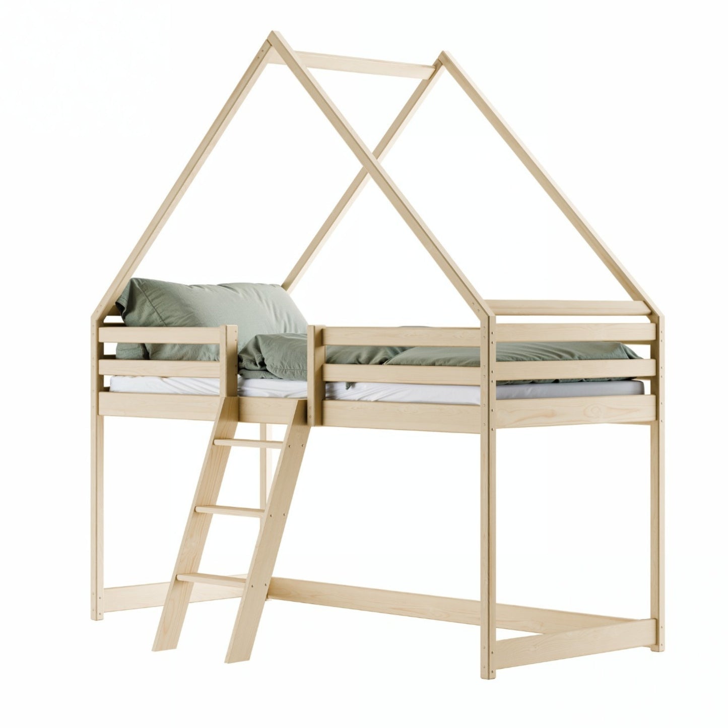 Hochbett 80x180 & 90x200 cm Kinderbett Hausbett Kinderhochbett Bett Mit Rausfallschutz, Leiter & Lattenrost | Kiefer-Massivholz | Weiß & Natur