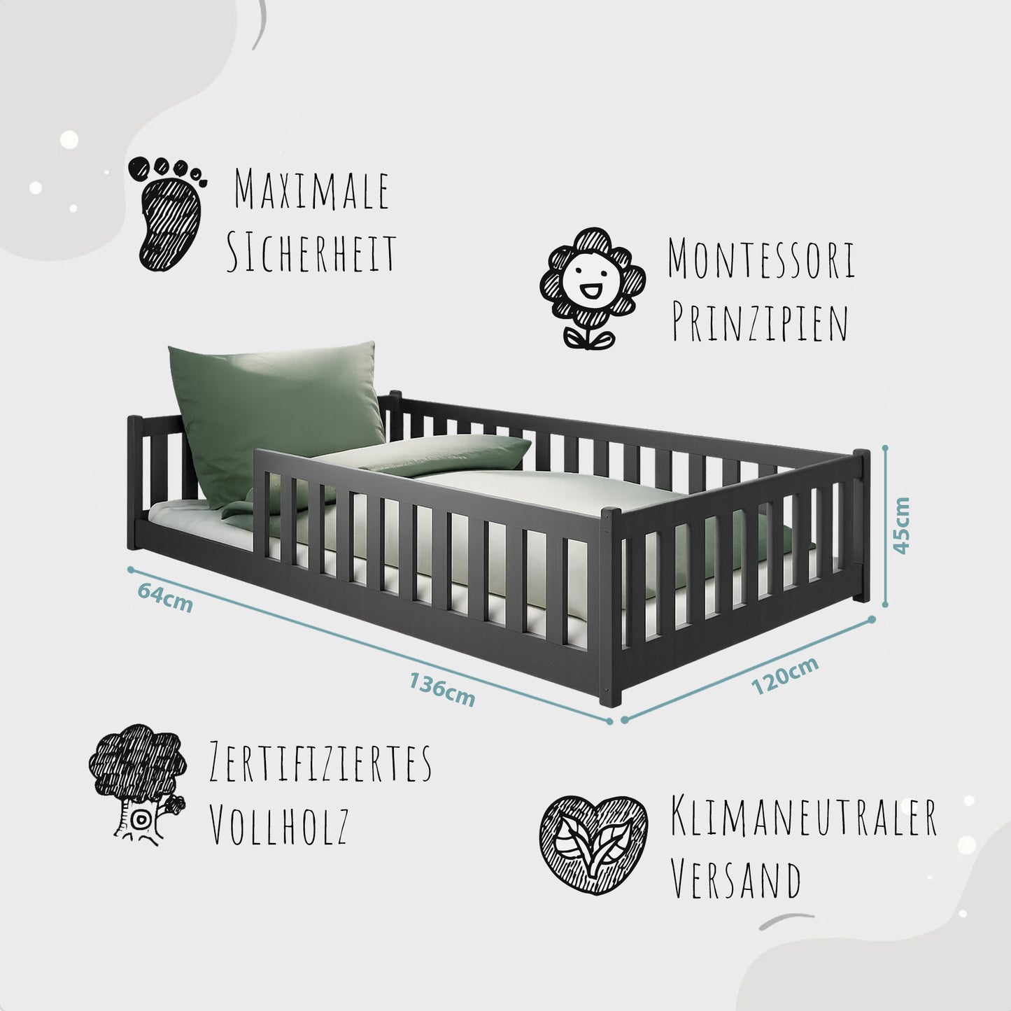 Kinderbett Bodenbett 80x160 | 80x180 | 90x190 | 90x200 | 120x200 | 140x200 cm Bett mit Rausfallschutz & Lattenrost Montessori Bett Gitterbett Kinder Jugendbett Einzelbett optional mit Matratze | Kiefer Holz massiv Junge Mädchen