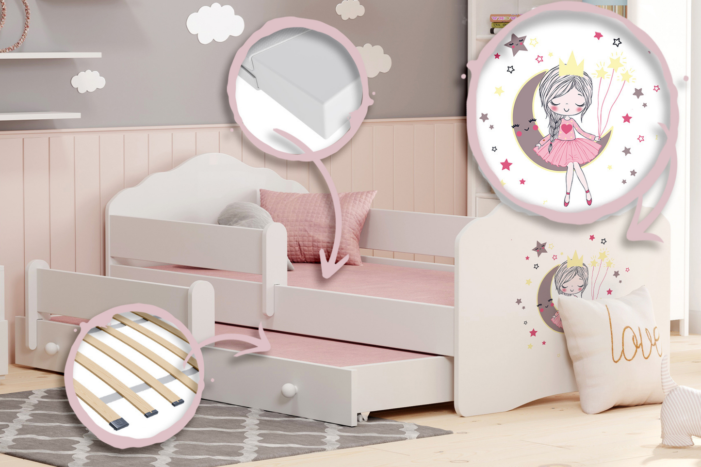 Kinderbett 70x140 & 80x160 cm mit Matratze und Schublade, Lattenrost & abnehmbarer Rausfallschutz Bett für Kinder Bett komplett Set Bed Rausfallschutz Kinderbett Jugendbett Einzelbett Komplettbett