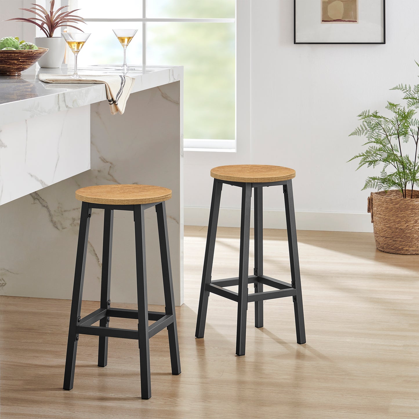 Barhocker Küchenhocker Küchenstuhl Thekenstuhl Tresenhocker Barstuhl | Stabil + platzsparend mit Fußstütze | Spanplatte & Stahl bis 100 kg Belastbarkeit | Ø 32×H 65 cm