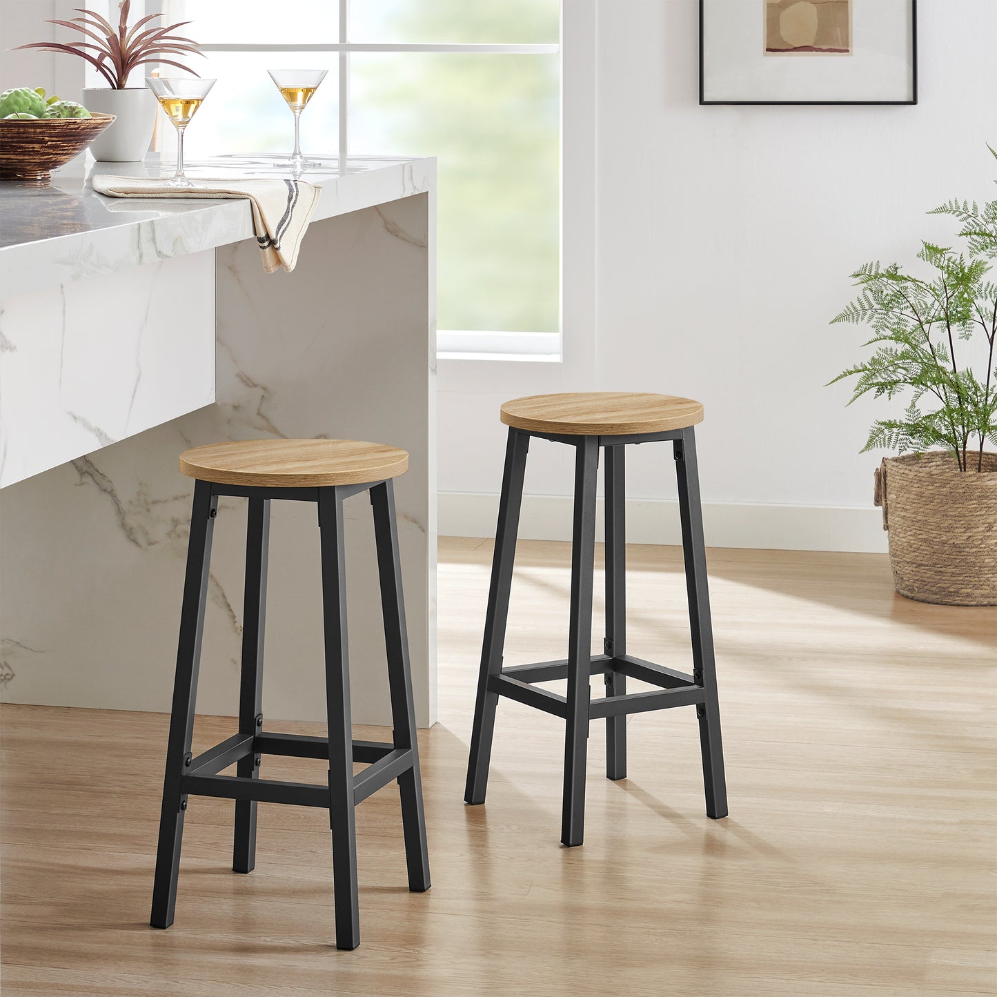 Barhocker Küchenhocker Küchenstuhl Thekenstuhl Tresenhocker Barstuhl | Stabil + platzsparend mit Fußstütze | Spanplatte & Stahl bis 100 kg Belastbarkeit | Ø 32×H 65 cm