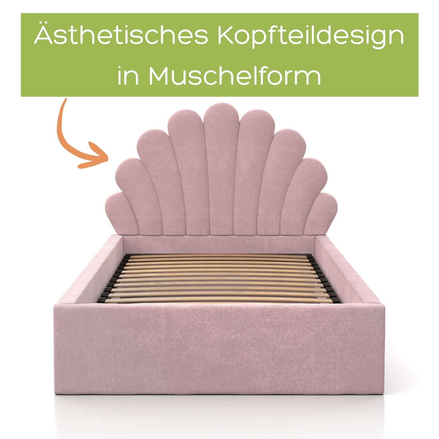 Kids Collective Kinderbett Polsterbett 90x200 cm Stauraumbett Kinder Bett Jugendbett mit Lattenrost & Metallrahmen | Bettkasten mit Gasdruckfedern, Kopfteil in Muschelform | von 4 bis 18 J