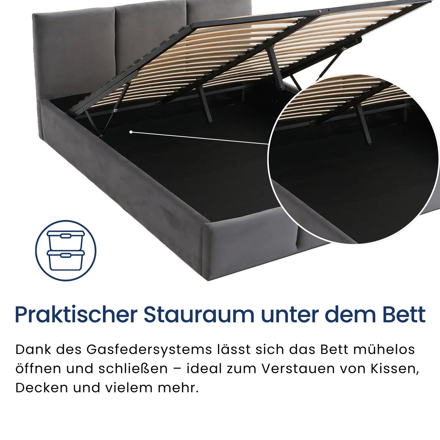 Home Collective Polsterbett, Bett mit Stauraum, Stauraumbett mit Lattenrost gepolstert Bett mit Kopfteil Boxspringbett | Bettkasten mit Gasdruckfedern, Metallrahmen, Samtpolsterung | 120×200 | 140x200 | 160x200 | 180x200 cm