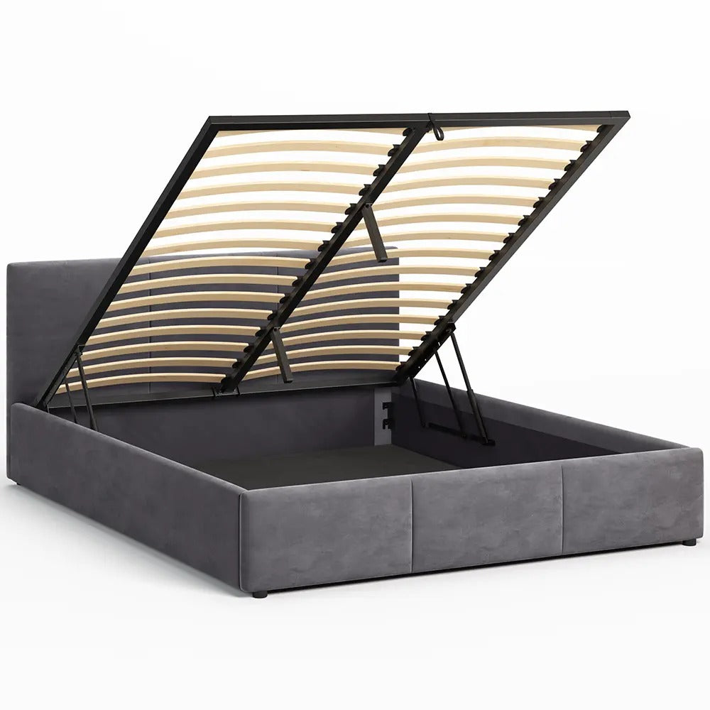 Bett 140x200 / 160x200 cm Doppelbett Polsterbett Bettgestell mit Lattenrost aus Metall, hydraulischer Bettkasten, Samtbezug in beige oder dunkelgrau, viel Stauraum, modern & pflegeleicht
