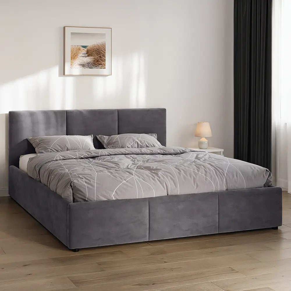 Bett 140x200 / 160x200 cm Doppelbett Polsterbett Bettgestell mit Lattenrost aus Metall, hydraulischer Bettkasten, Samtbezug in beige oder dunkelgrau, viel Stauraum, modern & pflegeleicht