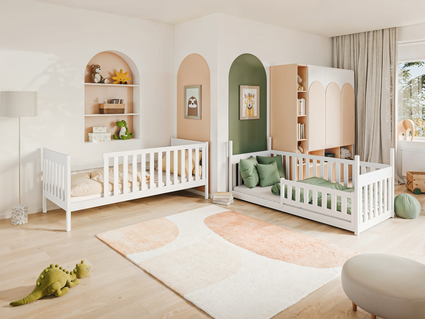 B-WARE Hochbett 90x200 cm Etagenbett mit Rausfallschutz & zwei Lattenroste, umbaubar in zwei Einzelbetten, aus Vollholz massiv in weiß