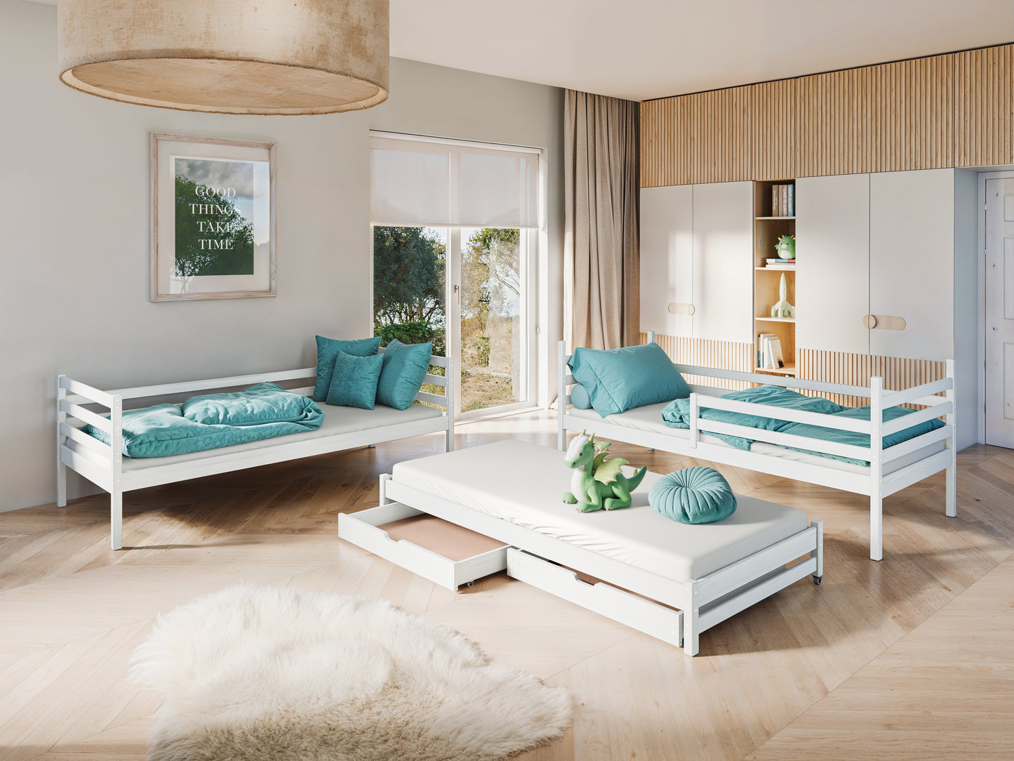 Hochbett 90x200 mit Ausziehbett und drei Matratzen (optional) Etagenbett mit Ausziehfunktion, zwei Schubladen, Lattenrost, Rausfallschutz, umbaubar in drei Einzelbetten, Vollholz massiv in weiss