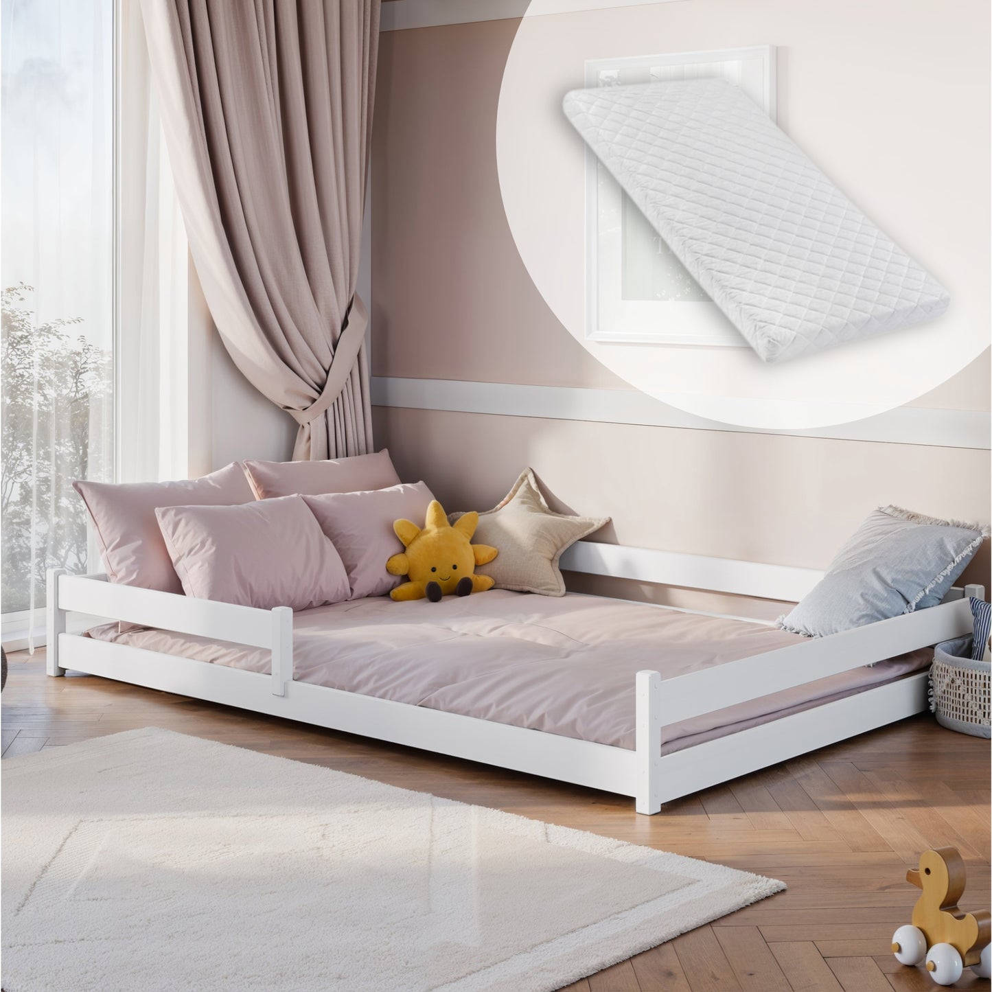 Kinderbett Bodenbett 90x200 I 120x200 | 140x200 cm mit Rausfallschutz & Lattenrost Montessori Bett Bed Gitterbett Kinder Jugendbett Einzelbett optional mit Matratze | weiß