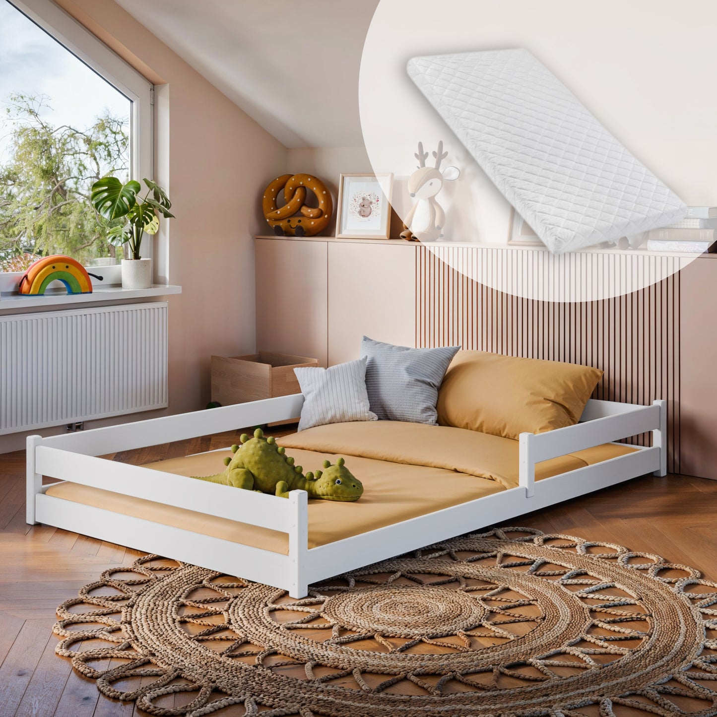 Kinderbett Bodenbett 90x200 I 120x200 | 140x200 cm mit Rausfallschutz & Lattenrost Montessori Bett Bed Gitterbett Kinder Jugendbett Einzelbett optional mit Matratze | weiß