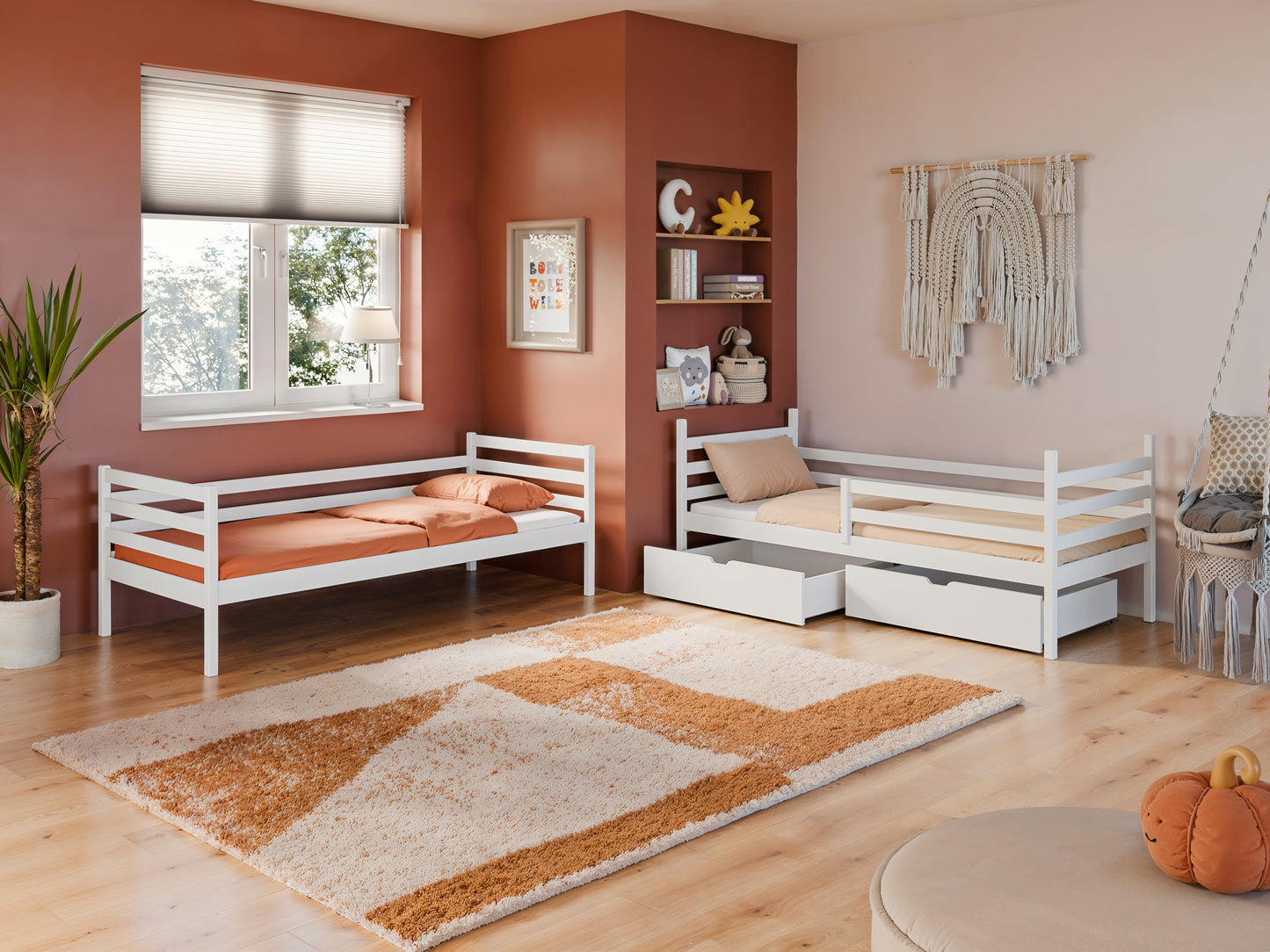 Hochbett 90x200 cm mit 2 Matratzen (optional) und 2 Schubladen (optional) Etagenbett mit Rausfallschutz und Lattenrost, umbaubar in zwei Kinderbetten, aus Vollholz massiv in weiß, Funktionsbett