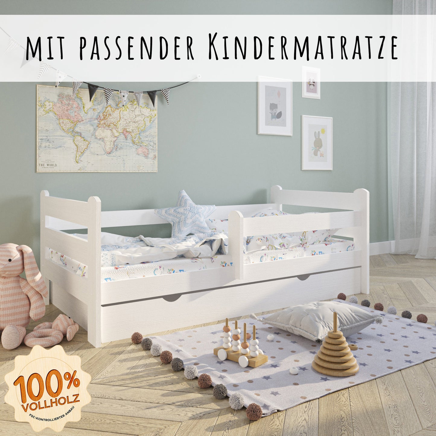 Kinderbett Jugendbett 80x160 und 90x200 cm mit Rausfallschutz | Voll-Holz mit Matratze (optional) Lattenrost & Schublade in weiß Kiefer | Mädchen Jungen Bett skandinavisch