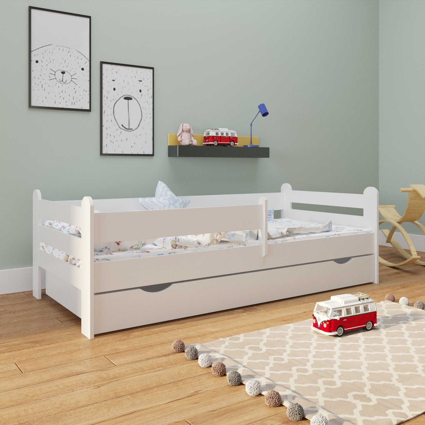 Kinderbett 80x160 | 80x180 | 90x200 cm mit Matratze (optional), Rausfallschutz, Schublade & Lattenrost in weiß Mädchen Jungen Bett