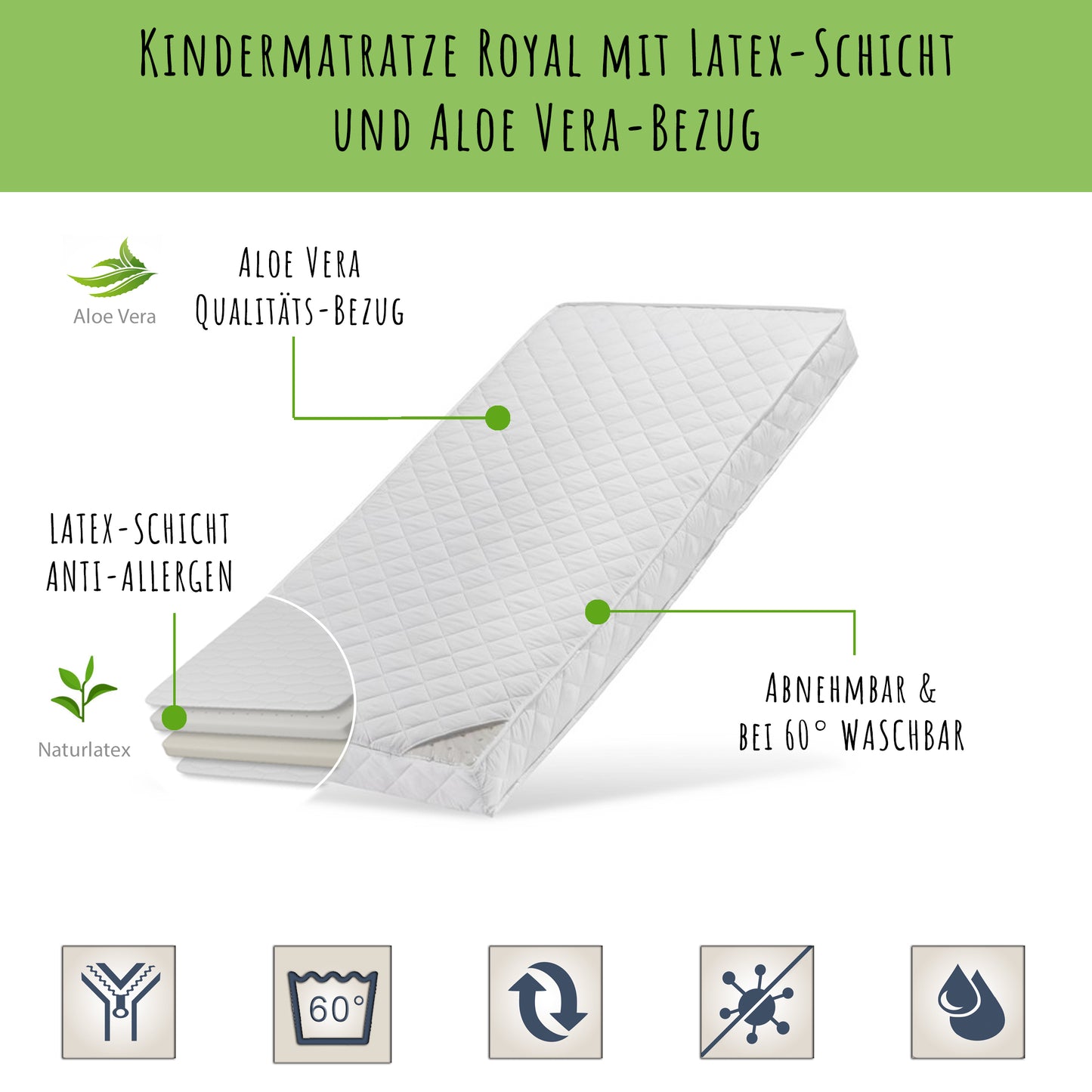 Kindermatratze 60x120 | 70x140 | 80x160 | 80x180 | 90x200 cm LATEX ROYAL mit Aloe Vera-Bezug und zwei Härtegraden, 10 cm hoch, Kindermatratze Matratze für Kinderbett, Körpergewicht bis 60kg