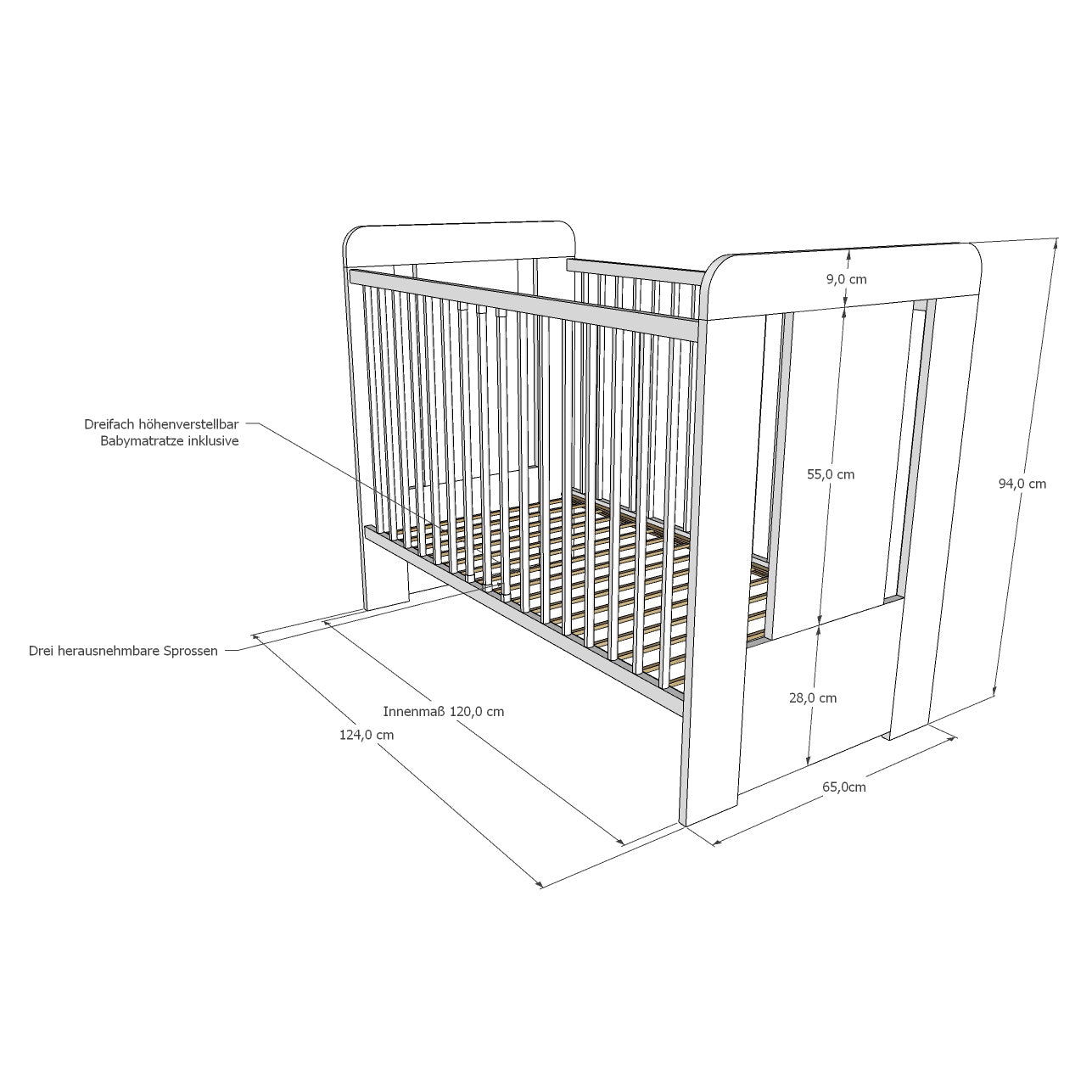 Lit bébé avec gravure ours en peluche, princesse ou prince 60x120 avec matelas (en option) réglable en hauteur | Barreaux amovibles blancs Fabriqué en Europe
