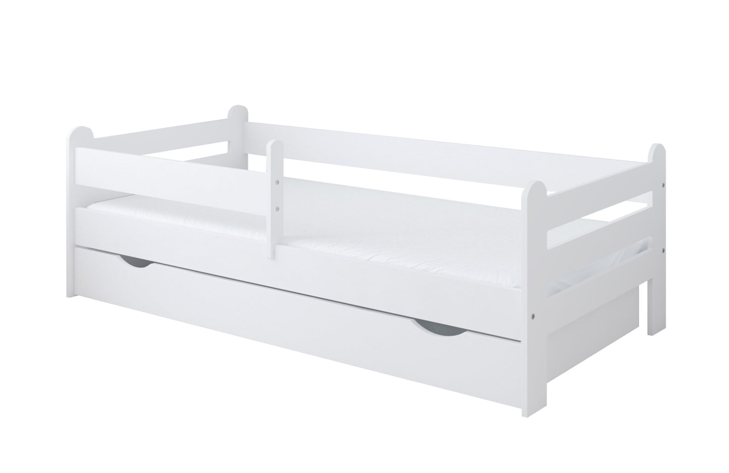 Kinderbett 80x160 | 80x180 | 90x200 cm mit Matratze (optional), Rausfallschutz, Schublade & Lattenrost in weiß Mädchen Jungen Bett