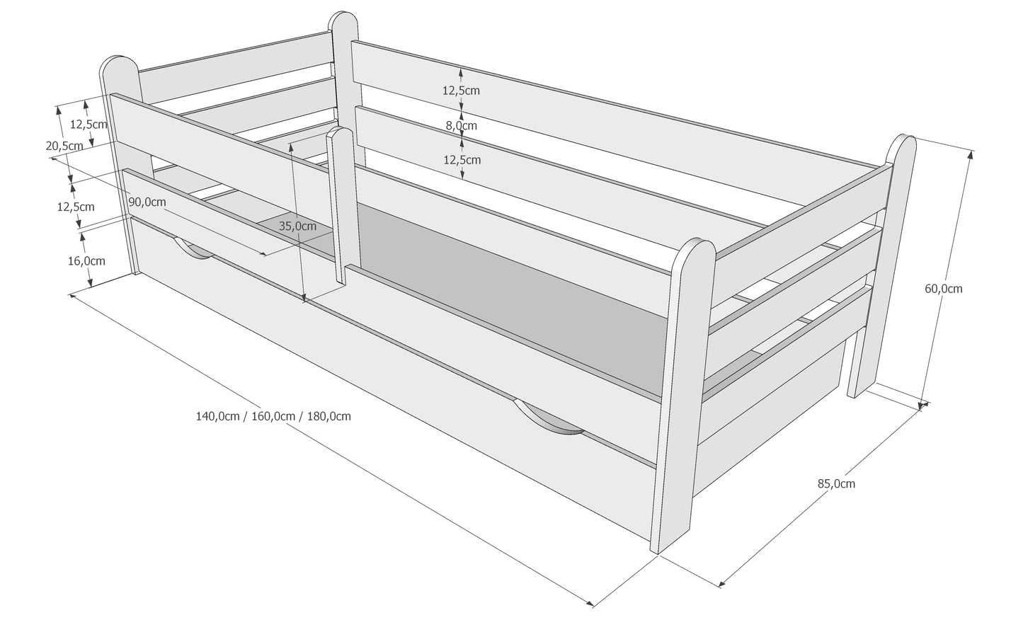 Kinderbett 80x160 | 80x180 | 90x200 cm mit Matratze (optional), Rausfallschutz, Schublade & Lattenrost in weiß Mädchen Jungen Bett