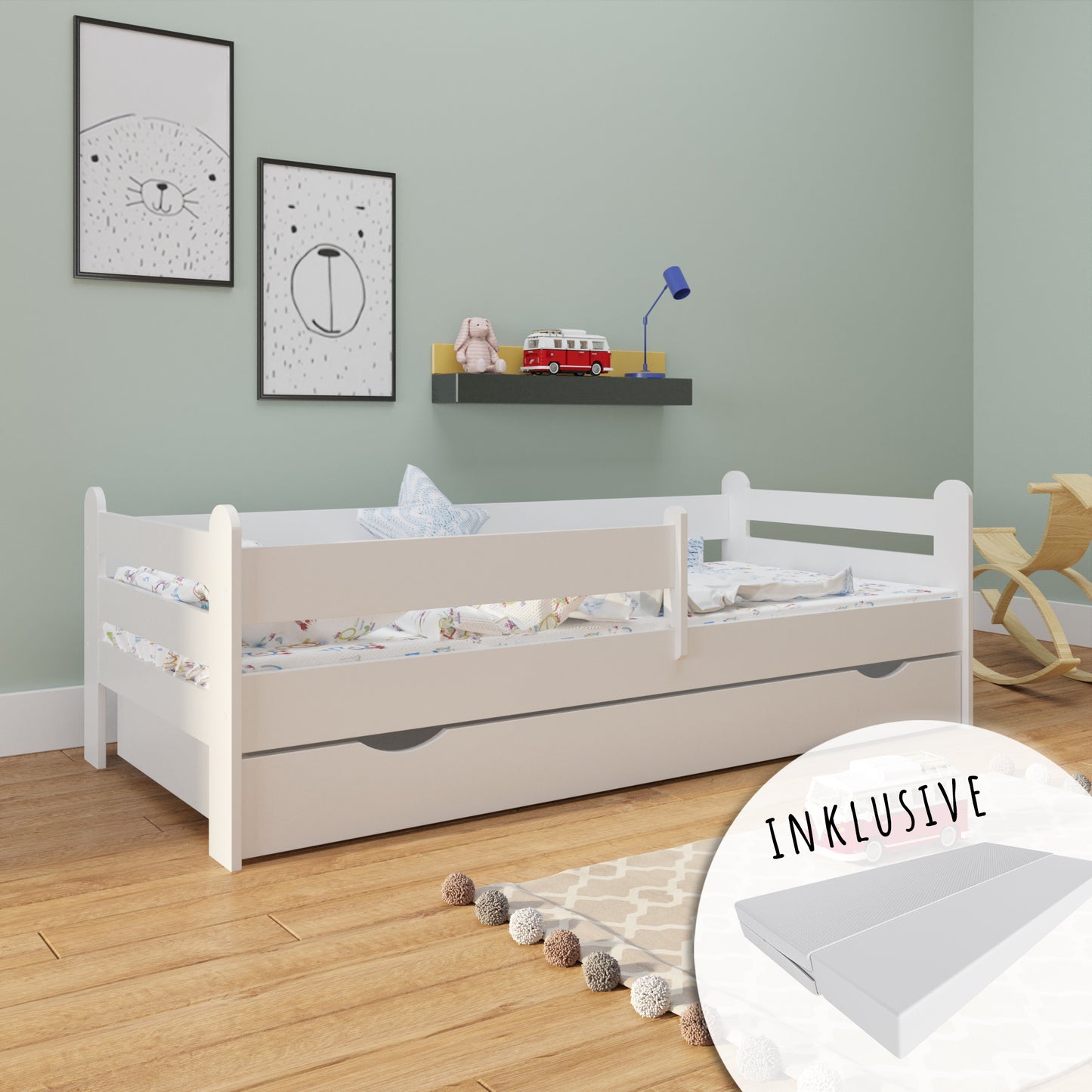 Kinderbett 80x160 | 80x180 | 90x200 cm mit Matratze (optional), Rausfallschutz, Schublade & Lattenrost in weiß Mädchen Jungen Bett
