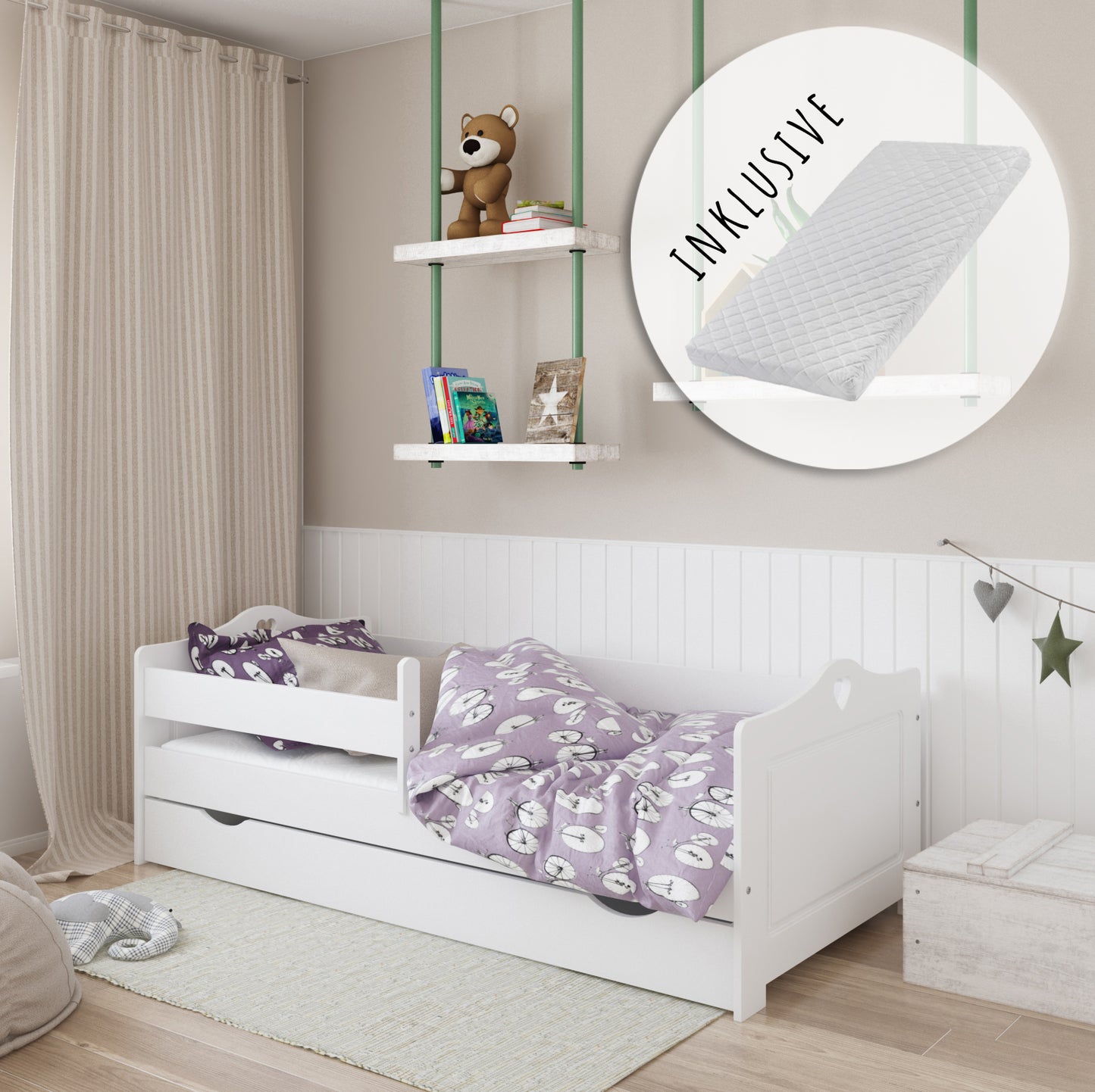 Kinderbett 80x160 | 80x180 | 90x200 cm mit Matratze, Rausfallschutz, Schublade & Lattenrost in weiß oder weiß-pink Mädchen Bett Herz