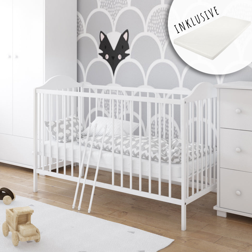 Babybett Gitterbett 60x120 cm mit Matratze (optional) höhenverstellbar | herausnehmbare Sprossen Stäbe weiß, grau oder natur Made in Europe