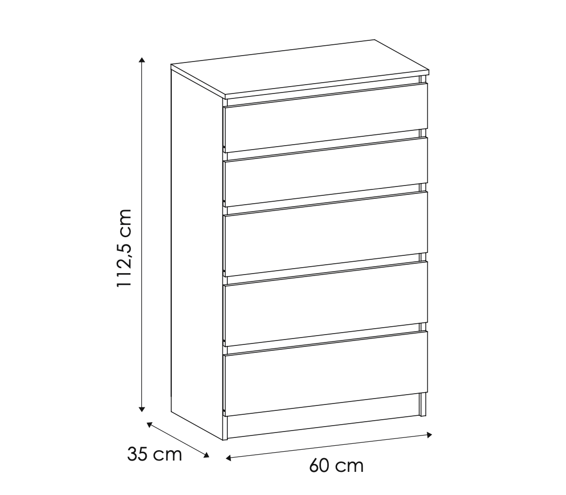 Kommode weiß mit drei, vier oder fünf Schubladen, Schlafzimmer Flur kleiner Nachttisch, Schrank, Sideboard, Highboard, Breite 60 cm